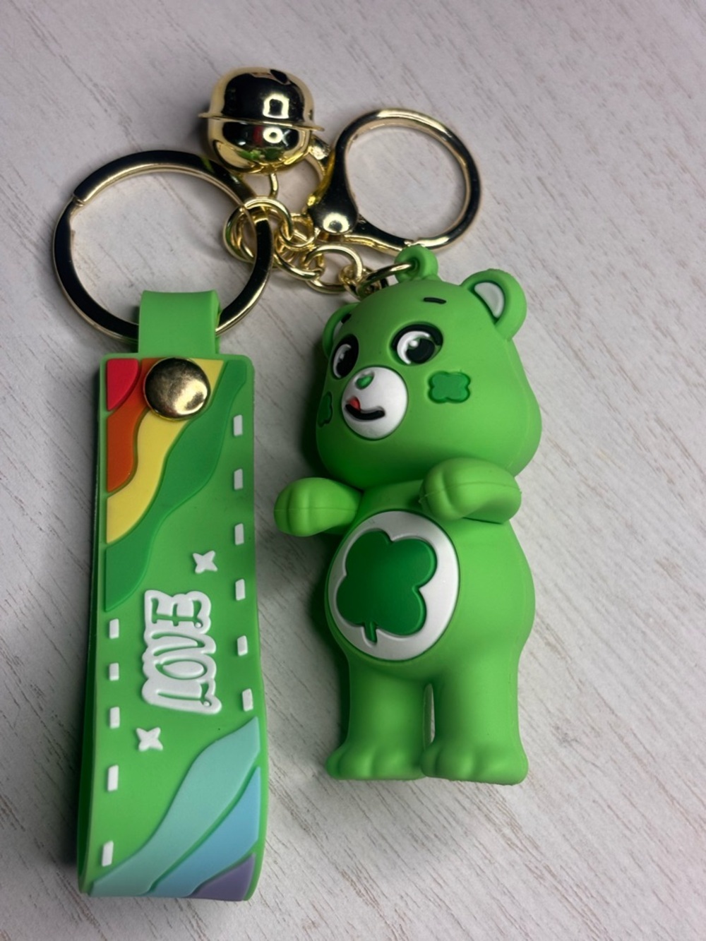 Green Care Bear Inspired Keychain Clover Bear w/ LOVE Strap Cute Kawaii Charm